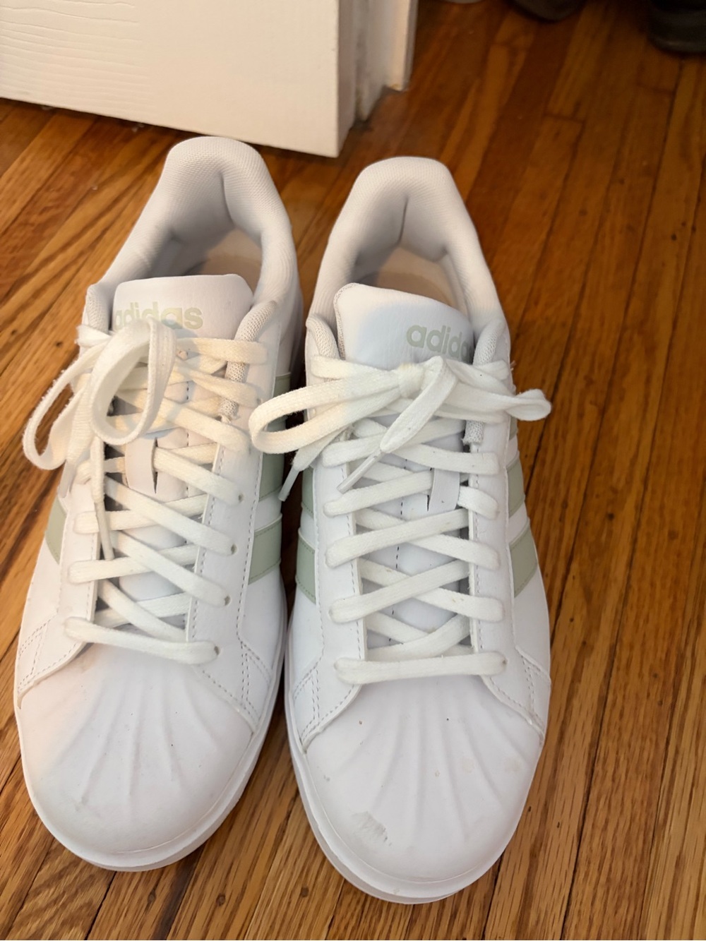adidas White Sneakers with Light Green Stripes